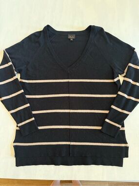 MOD Black & Tan Striped Knit Sweater V-Neck Oversized Slit Medium